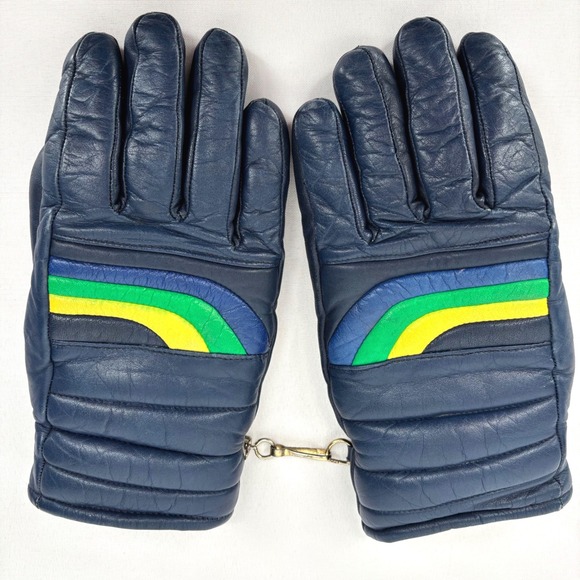 Accessories - Vintage Snow Winter Gloves Japan Leather Blue Yellow Womens Sz S